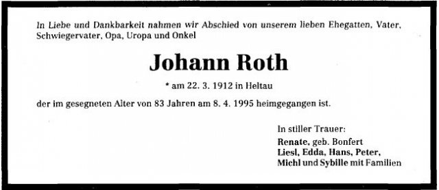 Roth Johann 1912-1995 Todesanzeige